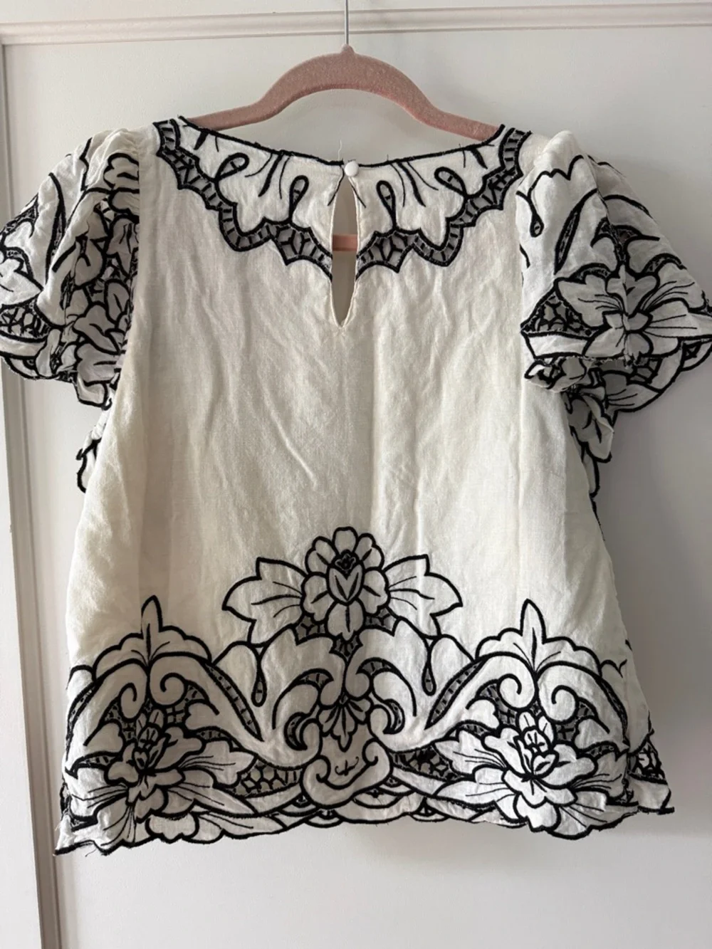 Embroidered Puff Sleeve Linen Top - Black on Cream